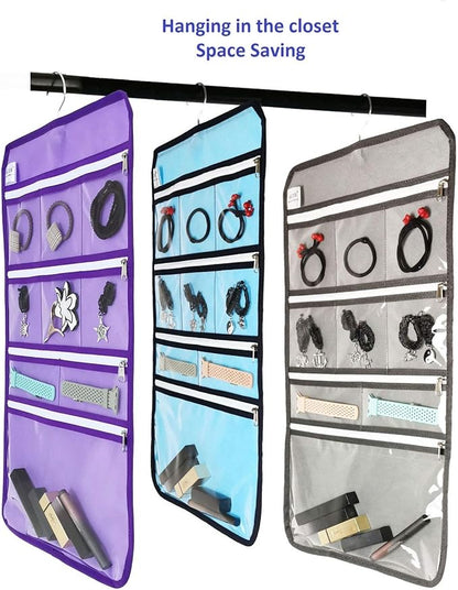 Travel Foldable Jewelry Rolls Bag Hanging Jewelry Organizer with 9 Zippered Clear Pockets Storage Pouch with Rotatable Hanger (PURPLE)
