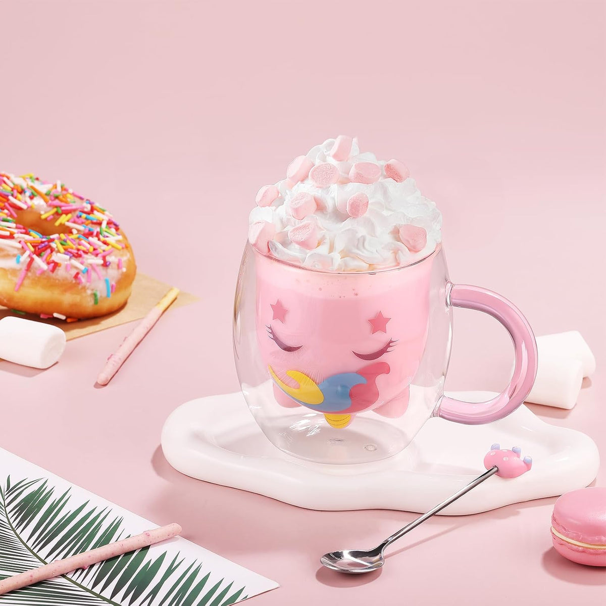 ecooe Cute Unicorn Mug Double Walled Glass Mug 9.4oz Coffee Cup Cappuccino Latte Glass Milk Tea Cup with Handle Spoon