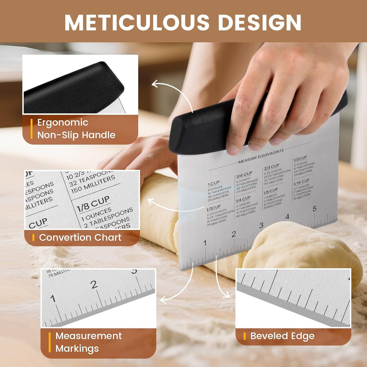 Schvubenr Premium Dough Scraper Set with 2 Flexible Bowl Scrapers - Stainless Steel Dough Cutter & Bench Scraper with Measuring Scale