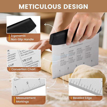 Schvubenr Premium Dough Scraper Set with 2 Flexible Bowl Scrapers - Stainless Steel Dough Cutter & Bench Scraper with Measuring Scale