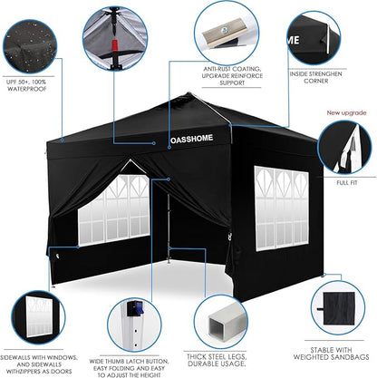 OASISHOME Canopy Tent 10'x10' Pop Up Gazebo with 1-Person Set Up, 4 Sidewalls, Wheeled Bag, Waterproof UV Protection Heavy-Duty Steel Frame Shelter for Patio Outdoor Wedding Party Event (Black,10x10)