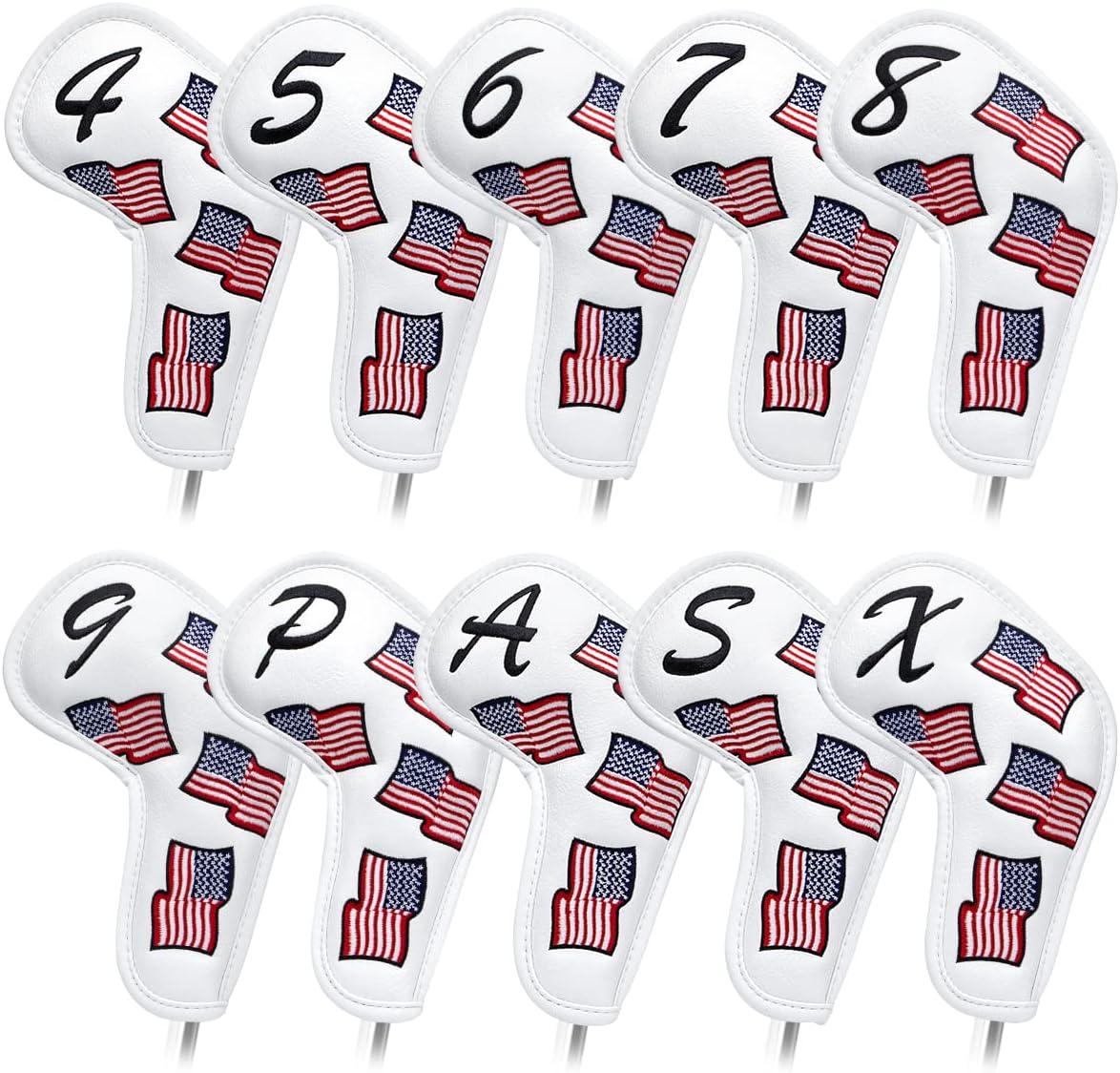 US Flag Golf Iron Covers Headcovers - 10pcs Patriotism Golf Club Covers for Irons - White Synthetic Leather Golf Iron Wedge Head Covers fits for PXG, Taylormade, Mizuno JPX MP, Etc.