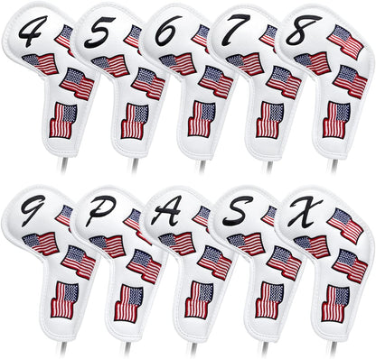 US Flag Golf Iron Covers Headcovers - 10pcs Patriotism Golf Club Covers for Irons - White Synthetic Leather Golf Iron Wedge Head Covers fits for PXG, Taylormade, Mizuno JPX MP, Etc.
