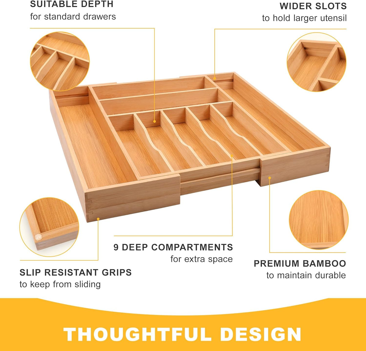 Large Premium Bamboo Silverware Organizer - Expandable Drawer Organizer & Utensil Organizer - 17"x19.7" Cutlery Tray with Dividers for Kitchen Utensils and Flatware (7-9 Slots) (Natural)