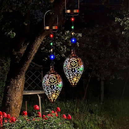 2 Pack Hanging Solar Lanterns, Colorful LED Outdoor Lights, Retro Metal Waterproof Lanterns for Garden Patio Yard Decor