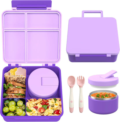 Bento Lunch Box with 8oz Soup Thermo, Leak-Proof Lunch Containers with 4 Compartment, Thermo Hot Food Jar and Insulated Lunch Box for School Purple