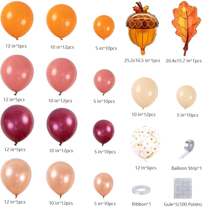 DBKL 138pcs Fall Balloon Garland Arch Kit with Orange Dusty Pink Wine Red Rose Gold Confetti Balloons Maple Leaf Pine Cones Foil Balloons for Thanksgiving Autumn Fall Birthday Shower Party Decorations