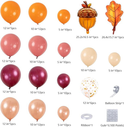 DBKL 138pcs Fall Balloon Garland Arch Kit with Orange Dusty Pink Wine Red Rose Gold Confetti Balloons Maple Leaf Pine Cones Foil Balloons for Thanksgiving Autumn Fall Birthday Shower Party Decorations