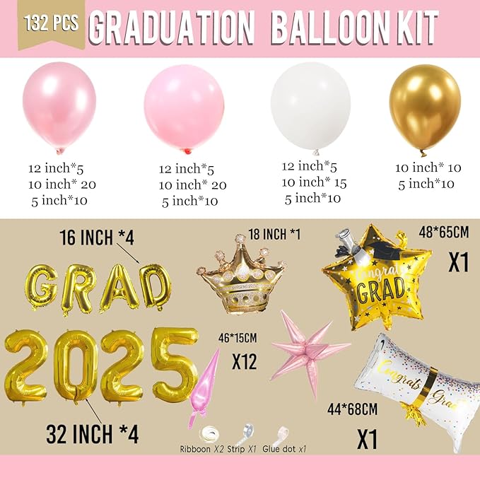 Pink and Gold Themed Graduation Balloon Garland Arch Kit with Large foil Balloons for High School College students graduate class of 2025 Prom Congrats Party Decorations Backdrop (Pink white gold)