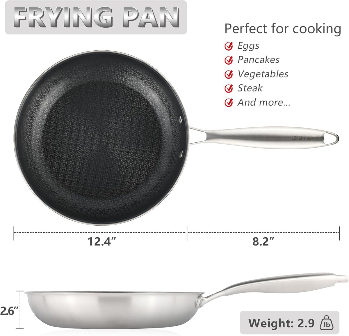 Stainless Steel Nonstick Frying Pan, Hybrid Ceramic 12-Inch Frying Pans, Stay-Cool Handle, PFAS & PFOA PTFE Free, Dishwasher & Oven Safe, Scratch-Resistant, Compatible with Induction & All Cooktops