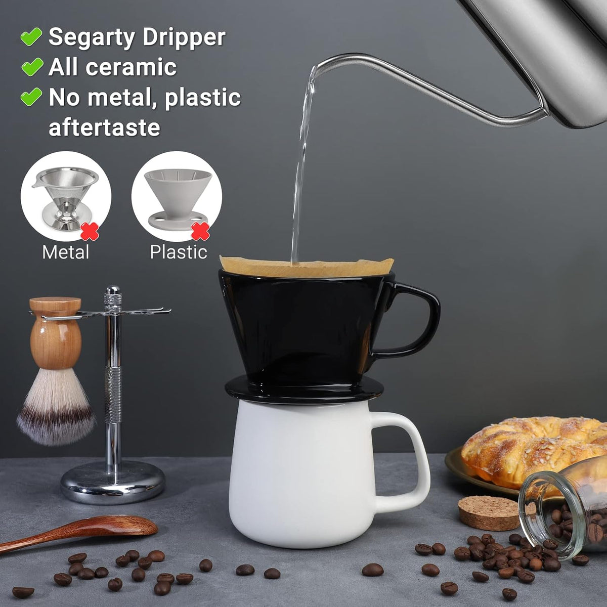 Segarty #2 Pour Over Coffee Maker, Single Cup Black Ceramic Coffee Dripper, 1 Set Size No.2 Reusable Filter Cone Drip Holder Slow Brewer with 3 Holes