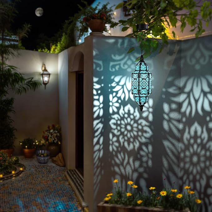 Twinkya 2 Pack Hanging Solar Lights Outdoor Garden Decorative Solar Lantern Waterproof Metal Moroccan Outdoor Decorations for Patio Pathway Yard Porch Backyard Garden Decor (Black, 2 Pack)