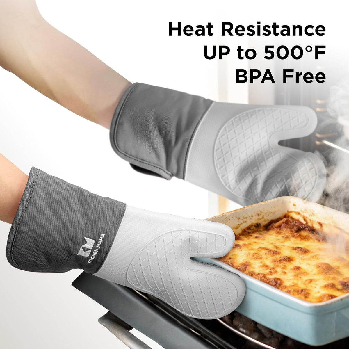 Kitchen Mama UltraShield Silicone Oven Mitts Heat Resistant – Non-Slip, Stain-Resistant, Silicone Cooking Mitts & Pot Holders for Baking, Grilling