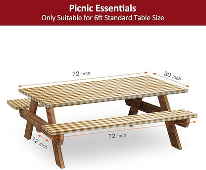 6ft Picnic Table and Bench Cover, Camping Essentials RV Gear, 72 in Waterproof Windproof Outdoor Elastic All Around Tablecloth, Fitted Rectangle Tables and Seats, Coffee-White Checkered