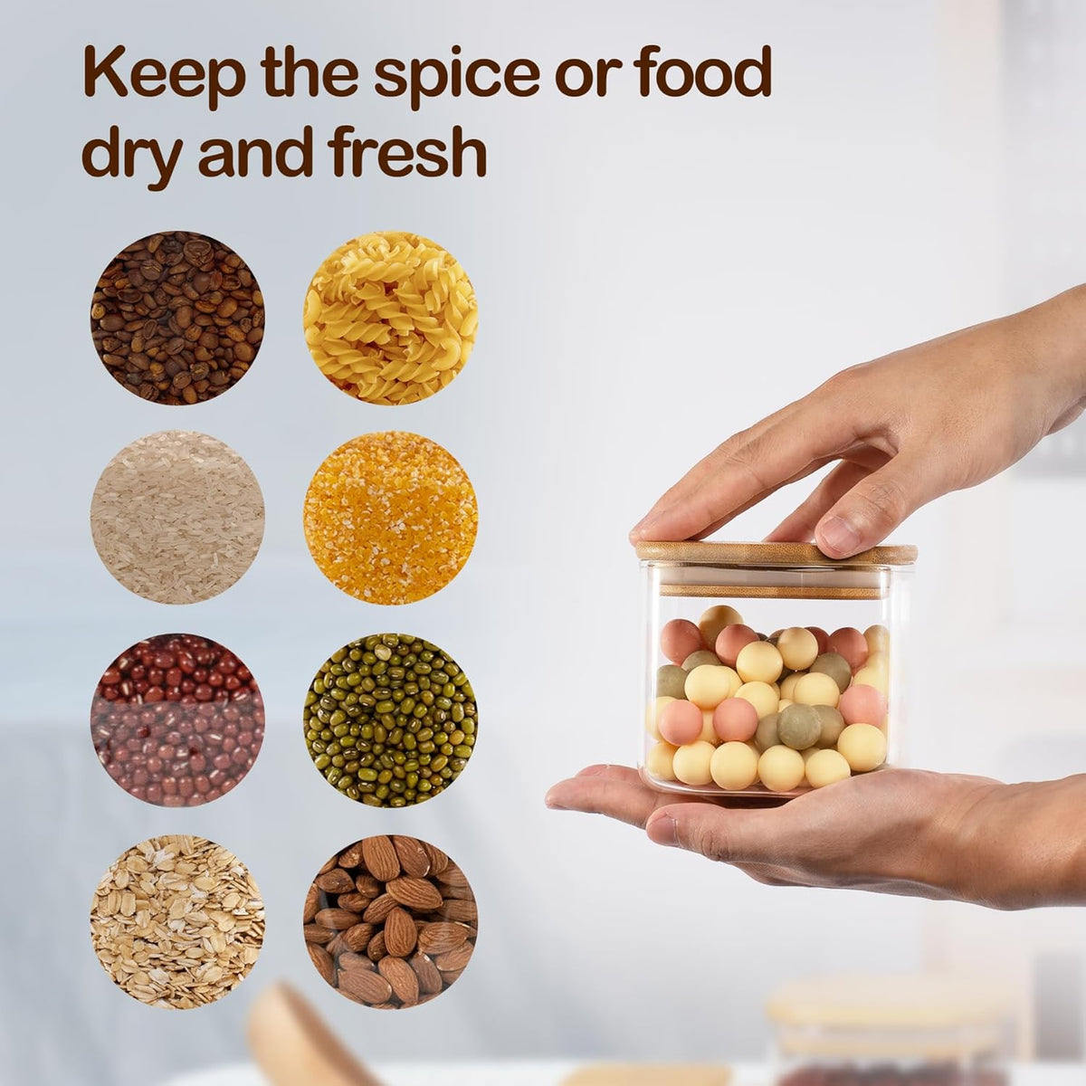 22oz Airtight Square Spice Containers with Bamboo Lid Set of 6 (650ml) Kitchen Pantry Organization Jar Stackable Spice Jar, for Sugar, Tea