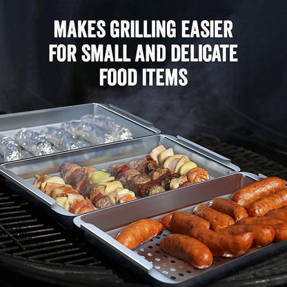 Yukon Glory™ BBQ 'N SERVE Grill Basket Set - Includes 3 Grilling Baskets a Serving Tray & Clip-on Handle - "Patented Grill-to-Table Design" Perfect For Grilling Fish Veggies & Meats