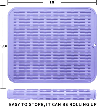 Silicone Dish Drying Mat for Multiple Usage,Easy clean,Eco-friendly,Heat-resistant Silicone Mat for Kitchen Counter or Sink,Refrigerator or Drawer Liner Light Purple XL 18 inches x 16 inches