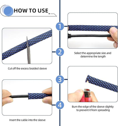 Braided Cable Sleeving, PET Expandable Braided Cable Sleeve, Flexible Mesh Sleeving Cord Management for Audio Video and Other Home Device, Cord Protector from Pets (Black Blue-2, 1/4")