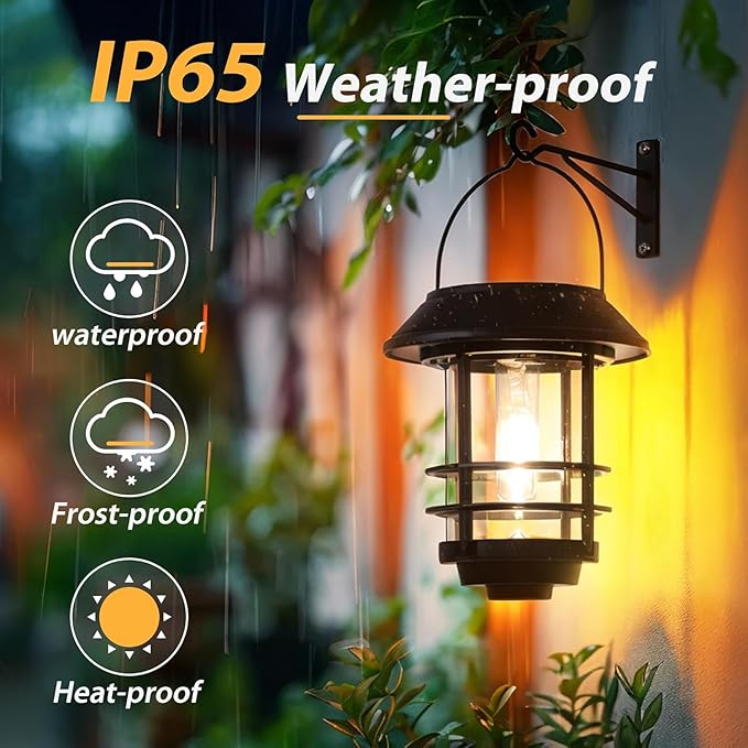 Otdair Solar Lanterns Outdoor Waterproof 2 Pack, Auto On/Off Hanging Solar Lights for Outside with Wall Mount, Glass Outdoor Lighting Outdoor Decorative for Wall, Front Porch, Yard, Garden, Fence