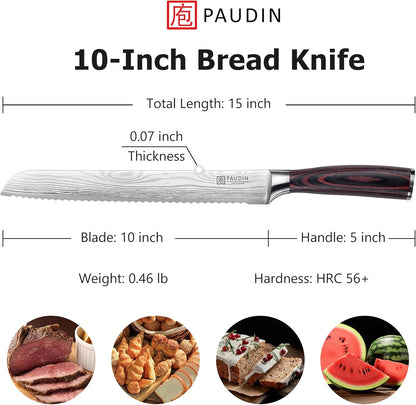 PAUDIN Bread Knife, 10 inch Serrated Knife, German Stainless Steel Bread Knife for Homemade Bread, Razor Sharp Edge for Efficient Slicing Sourdough Bread, Bagels, Cake