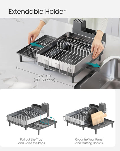 SONGMICS Large Dish Drying Rack, Expandable Dish Dryer for Kitchen Counter, Stainless Steel Dish Rack with Rotatable Spout, Utensil, Cup, Glass, Cutting Board, Pan Holders, Silver and Gray UKCS037G01