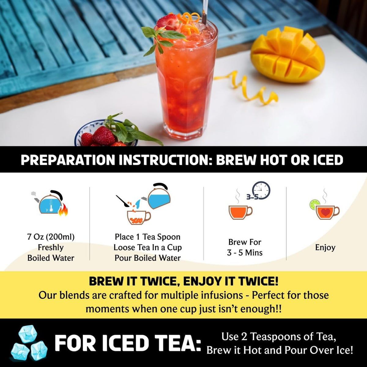 BREWIX, Mango Marvel Herbal Loose Leaf Tea (50+ Cups, 3.53oz/100g) | Caffeine-Free Fruit Tea with Hibiscus, Mango, Pineapple &amp; Strawberry | Antioxidant-Rich Tropical Tea, Hot or Iced, Resealable