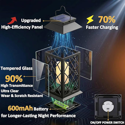 Solar Lanterns Outdoor Waterproof, Flickering Candles Hanging Solar Lights for Outside Garden Patio Wall Porch Decorative, Lamp with Upgraded Solar Panel, Tempered Glass & Clip, Black 2 Pack