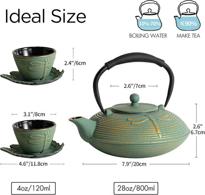 Cast Iron Teapot Set with 2 Tea Cups, 7 Pcs Japanese Tea Kettle with Stainless Steel Infuser, Tea Pot Coated with Enameled Interior, Dragonfly Pattern, 28oz 800ml Green