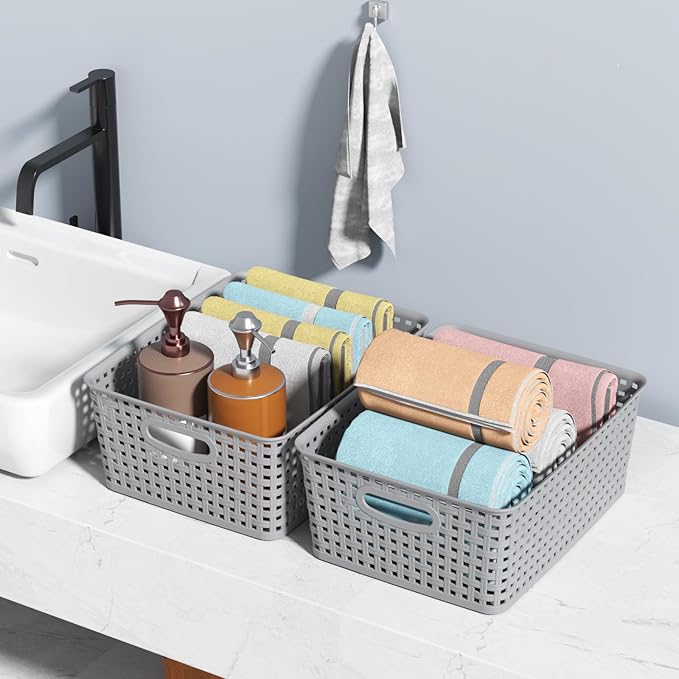 Set of 4 Medium Plastic Organization and Storage Baskets, Stackable Mesh Bins for Home Office Classroom Use