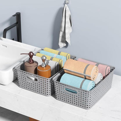 Set of 4 Medium Plastic Organization and Storage Baskets, Stackable Mesh Bins for Home Office Classroom Use