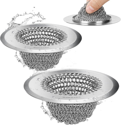 2 Pcs Sink Drain Strainer: Anti-Slip Flexible Chainlink, 304 Stainless Steel. Upgraded Clog-Free Kitchen Version, Easy-Clean Catcher for Garbage Disposal