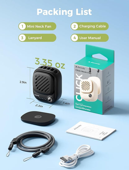 Aecooly Mini Portable Neck Fan, Mighty Hands Free Fan, Magnetic Fit Click 01 USB Rechargeable [10H Max Cooling Time], Personal Battery Powered, Pocket for Travel, Summer, Gifts for Women -Black