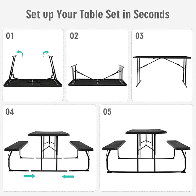 GYMAX Picnic Table, 550 LBS Folding Picnic Tables with Benches & Seats, Weather-Resistant Easy Setup Portable Picnic Table, Wood-Like Foldable Picnic Tables for Outdoors Patio Deck Party BBQ (Black)