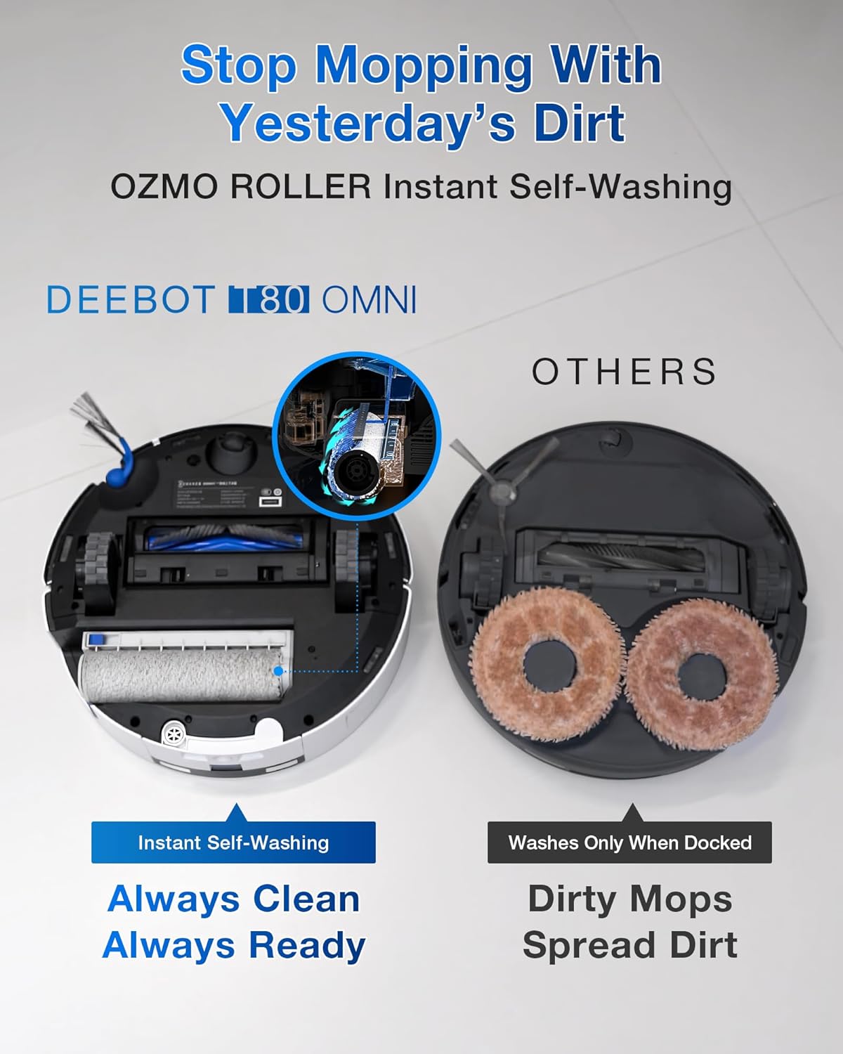 ECOVACS DEEBOT T80 Omni Robot Vacuum and Mop, 18,000Pa Suction, OZMO™ Roller Real-Time Mop Washing, Self-Emptying, Hot Air Drying, AI Navigation, Anti-Tangle Brush, for Pets, Carpets & Hard Floors