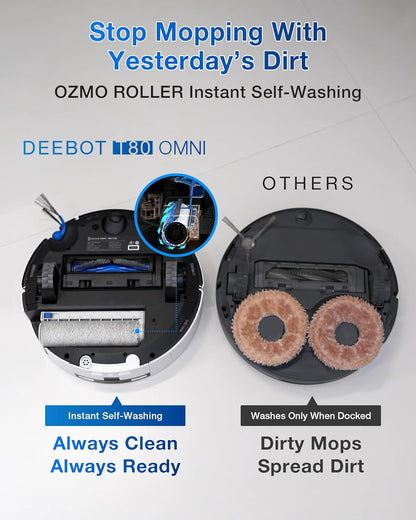 ECOVACS DEEBOT T80 Omni Robot Vacuum and Mop, 18,000Pa Suction, OZMO™ Roller Real-Time Mop Washing, Self-Emptying, Hot Air Drying, AI Navigation, Anti-Tangle Brush, for Pets, Carpets & Hard Floors