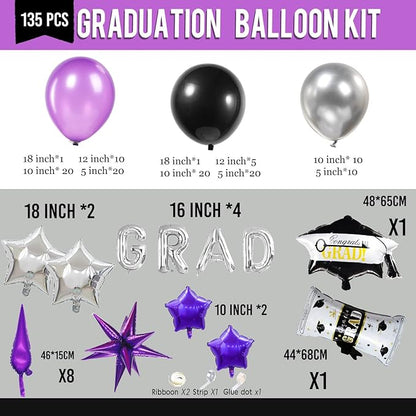Black dark purple and Silver Balloon Garland Arch Kit 130Pcs with dark purple and Silver Stars, Graduation Certificate Graduation Cap GRAD Letters Mylar Balloons for 2025 kpop Prom Decorations