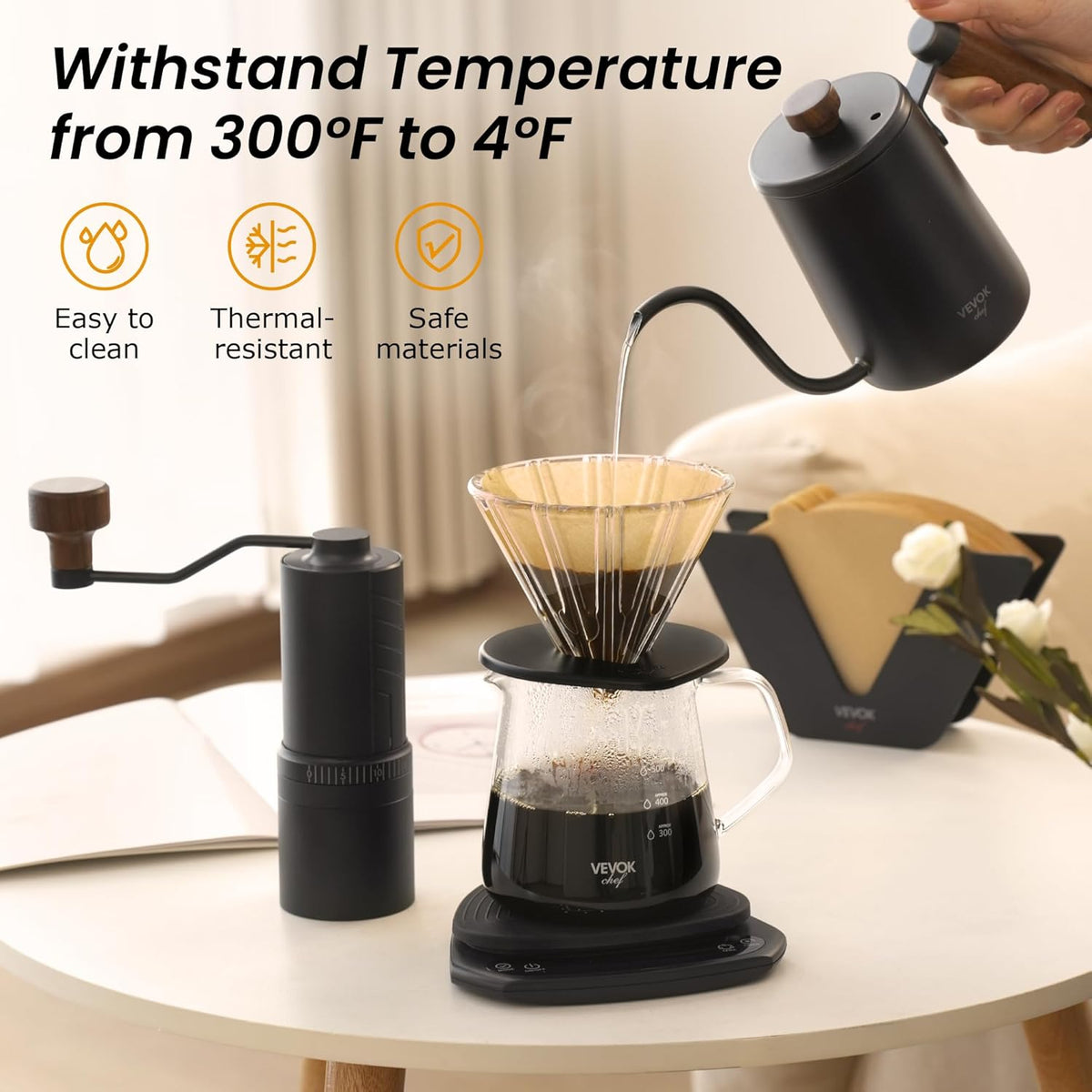 Vevok Chef Pour Over Coffee Maker Set, 20 Oz Borosilicate Glass Server Carafe and Glass Coffee Dripper with 100pcs Cone Paper Filter