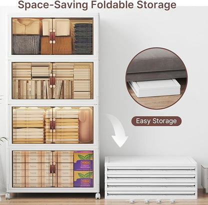 UAMFURI Stackable Storage Bins with Lids, 960QT Closet Organizers, Lockable Storage Cabinet, Foldable Storage Box with Doors and Wheels, Plastic Drawers for Home, Garage, Office (8, White, Large)