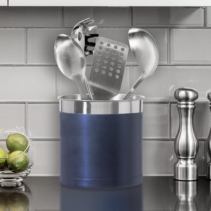 Oggi Stainless Steel Jumbo Utensil Holder - 7" Utensil Caddy, Weighted Base for Stability - Extra Large Utensil Crock and Countertop Utensil Organizer, Blue