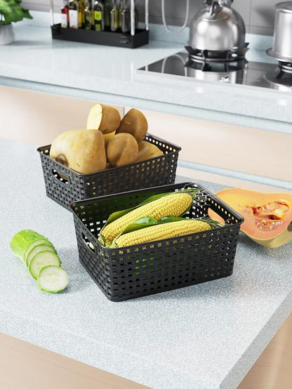 WYT Woven Storage Organizer Basket, 6-Pack Black Plastic Weave Baskets, 10.1 x 7.55 x 4.1