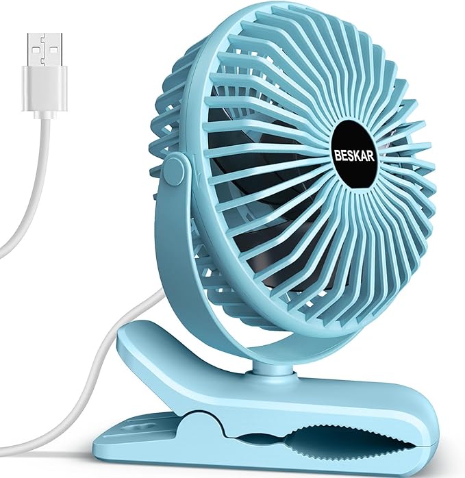 BESKAR Clip on Fan, Portable Small Desk Fans with Strong Airflow, 3 Speeds with Personal Fans Sturdy Clamp, Quiet Desk Fan & Clip Fan with USB Cord Powered - No Battery
