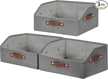 Bagnizer Closet Organizers and Storage, Linen Trapezoid Storage Bins with Handles, Collapsible Shelf Organizer for Blanket, Towel, Clothes, Hats, Purse (Gray)