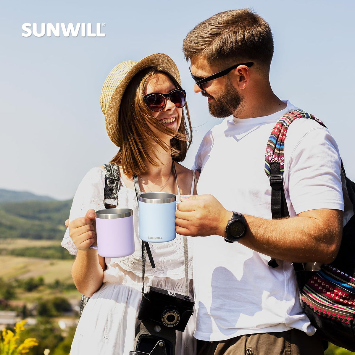 Sunwill Travel Coffee Mugs Set of 4, Insulated Tumbler with Lid, 14 oz Stainless Steel Cup with Handle Bulk for Gift, Camping, Office