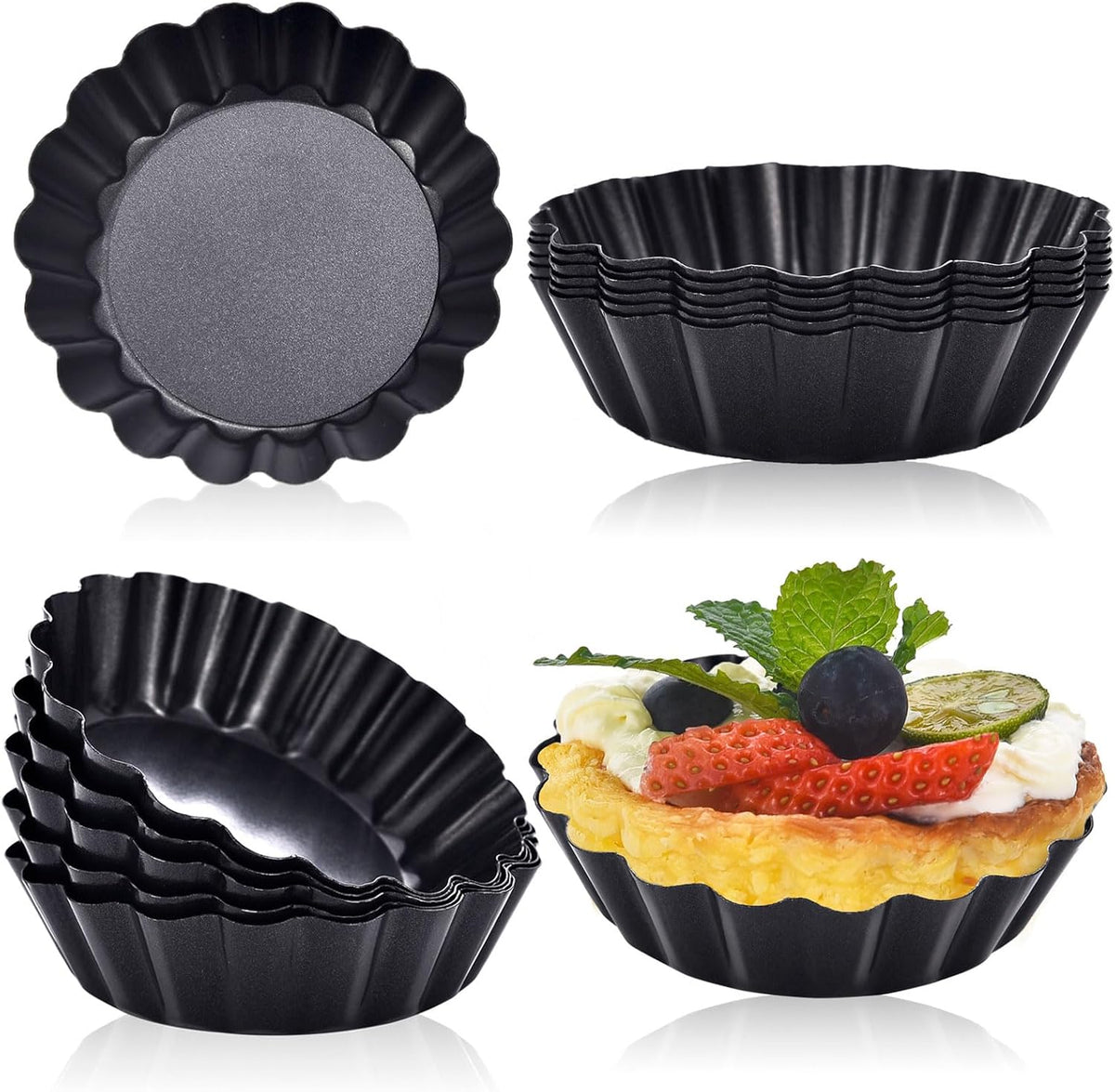 Datanya 24Packs Mini Tart Pans 3 Inch with Removable Botttom, Carbon Steel Fluted Tart Tin Shell Mold Round Nonstick 3'' Quiche Pans for Pies