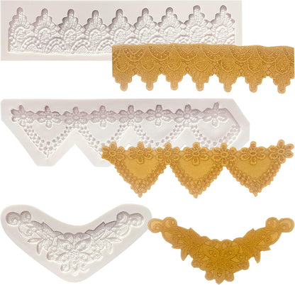 Lace Fondant Mold Set of 3, Edible Lace border Cake Decorating Imprint Mat Silicone Molds for Wedding, Valentine's Day, Chocolate, Cupcake, Cookies