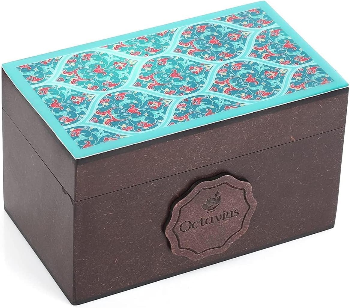 Octavius Assorted Tea Gift Set, 6 Assorted Black & Green Teas, 30 Teabags, Wooden Tea Sampler Pack w/Ornate Floral Design, Pack of 2