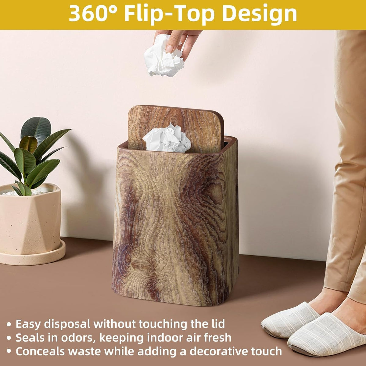Wood Grain Plastic Trash Can Swing Top Lid, 4Gal/15L Farmhouse Wastebasket Bin Retro Style with Inner Bucket, Bathroom Trash Can Hidden Bag for Room Aesthetic, Square Brown Garbage Can 2pack