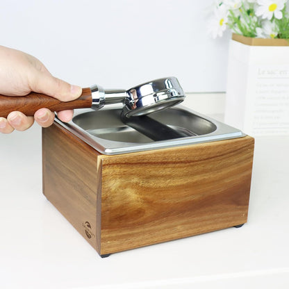 Acacia Wood Espresso Knock Box, Large Capacity with Stainless Steel Interior, Silicone Knock Bar, Anti-Slip Base