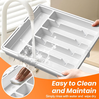 Large Silverware Organizer,Expandable Utensil Drawer Organizer,BPA Free Utensil Holder,Adjustable Silverware Tray Cutlery Drawer Organizer for Kitchen Flatware,Large,White,2 Pack