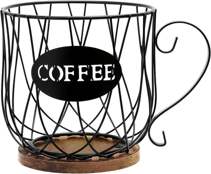 Rustic Metal K-Cup Coffee Pod Holder Mug - Large Wire Basket with Wooden Base for Countertop Coffee Storage